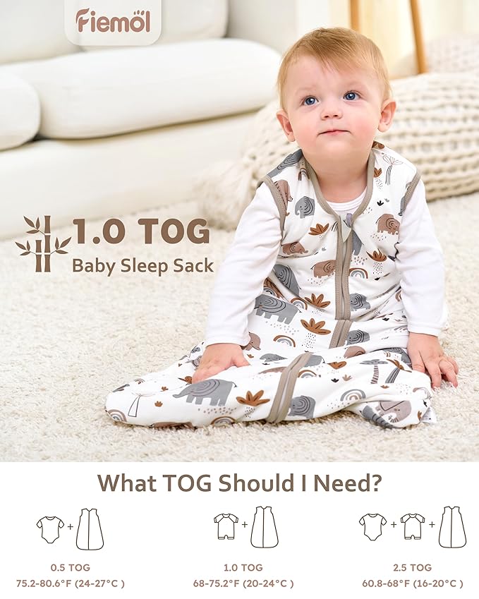 FIEMOL Rayon Made from Bamboo Baby Sleep Sack 18-24 Months, 1.0 Tog Baby Wearable Blanket, Soft Sleeping Bag for Infant Toddler Babies with 2-Way Zipper 2 Pack (X-Large) Grey Elephant