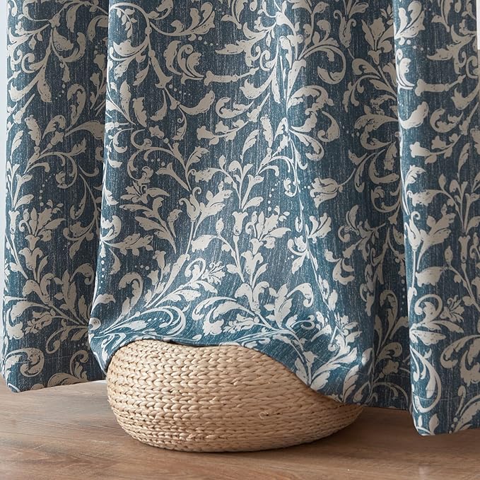 jinchan 80% Blackout Curtains for Living Room, Farmhouse Drapes with Scroll Floral Patterned for Bedroom, Extra Long Grommet Thermal Insulated Curtains, Vintage Drapes 108 inch Length 2 Panels Blue