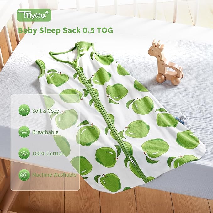 TILLYOU 2 Pack Infant Sleep Sack 0-6 Months 100% Cotton Wearable Blanket 0.5 TOG Sleeveless Summer Sleep Sacks with 2-Way Zipper, Green Apple & Fruit Green