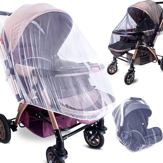 Durable Baby Stroller Mosquito Net (2 Pack) - Universal Elastic Edge Mesh Cover for Bassinets, Cradles, Playards, Car Seats & Mini Cribs | Breathable Travel Essential Newborn Protection (Black+White)