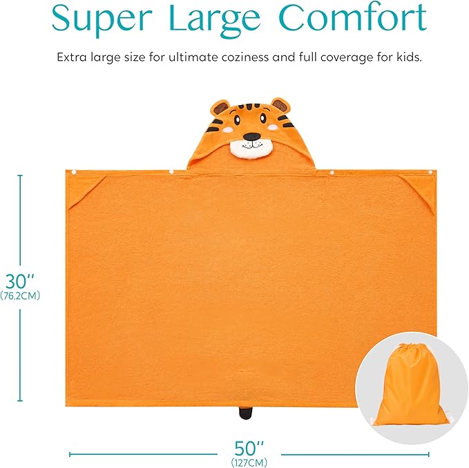 Joiedomi Hooded Towel for Kids Soft 100% Cotton Bath Beach Towel 30" x 50" for Kids 3-10 Years Toddler Pool Poncho with Hood Absorbent Swim Wrap for Boys Girls Yellow Tiger
