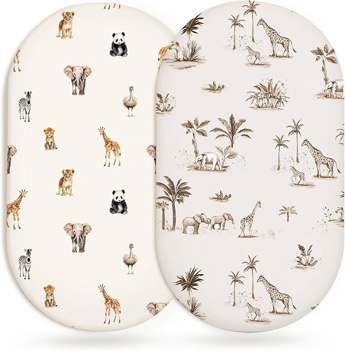 Bassinet Sheets for Baby Girls Boys 2 Pack, Fitted Baby Mattress Sheet for Rectangle, Oval, Hourglass Bassinet Mattress, Breathable Cozy & Universal Fit (Safari Dreams)