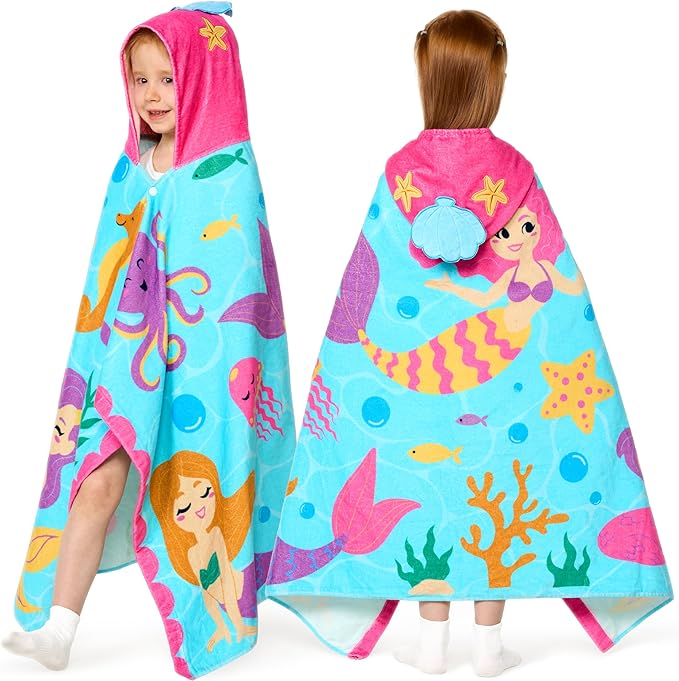 Joiedomi Mermaid Hooded Towels for Kids Soft 100% Cotton Kids Beach Towel 30" x 50" for 3-10 Years Boy Girl Beach Hooded Poncho Absorbent Pool Toddler Swim Bath Wrap