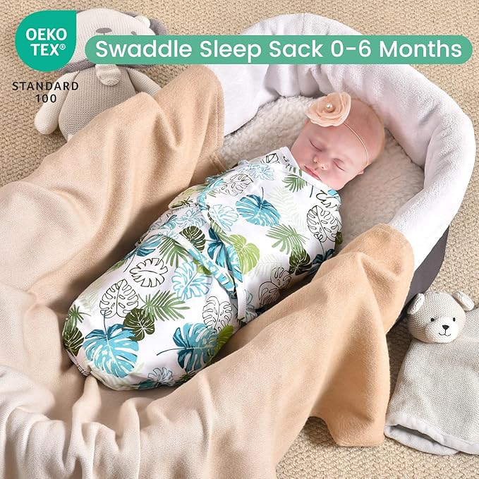 david's kids 100% Cotton 3 Pack Baby Swaddle Wrap for 0-3 Months, Soft Breathable Swaddle Blanket for Newborn Infant, Adjustable Baby Wrap Sleep Sacks for Boys Girls, Newborn Essentials, Leaf