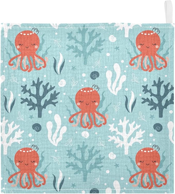 vvfelixl Baby Muslin Washcloths Octopus Swimming Underwater Baby Burp Cloths Cotton Baby Face Towel for Newborn Infants Boys Girls Soft and Absorbent 11.8 X 11.8 in, 3 Pack