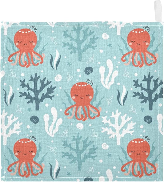 vvfelixl Baby Muslin Washcloths Octopus Swimming Underwater Baby Burp Cloths Cotton Baby Face Towel for Newborn Infants Boys Girls Soft and Absorbent 11.8 X 11.8 in, 3 Pack