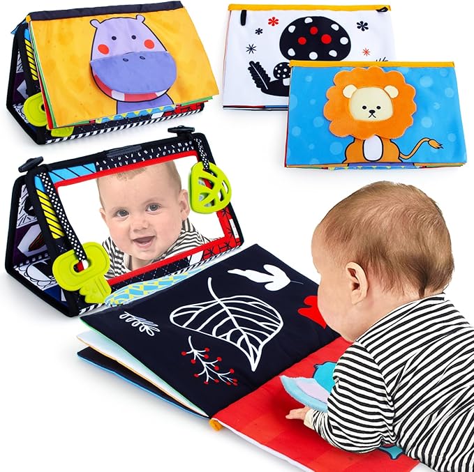 High Contrast Tummy Time Mirror Toy for Babies – Sensory Infant Development Toy with Crinkle Cloth Book & Teethers | Strengthens Neck & Core, Montessori Crawling & Visual Stimulation Toys
