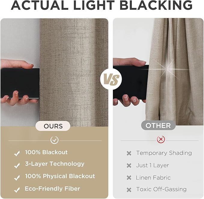 Joydeco Faux Linen Blackout Curtains 90 Inch Long 2 Panels Set, Faux Textured Thermal Insulated Burlap Curtain & Drapes, Grommet Room Darkening Drapes for Bedroom Living Room