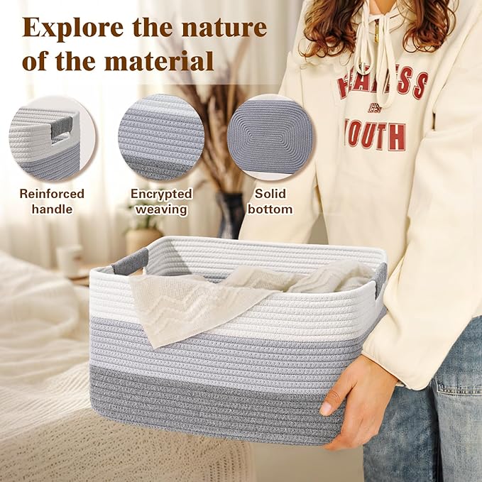 4 Pack Large Storage Basket for Organizing, 17.5"x13.5"x7.5" Woven Basket for Shelves, Closet Cube Storage Bins with Wrapped Handle, Cotton Rope Baskets for Kitchen, Clothes, Toys(Gradient Grey)