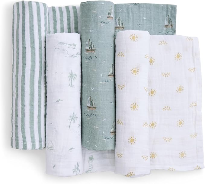 aden + anais Boutique Organic Swaddle Blanket 4-Pack – 100% Organic Cotton Muslin, Large, Soft, Breathable Receiving Blankets for Infants – Lightweight Multi-Use Baby Swaddles, Sailing Seas