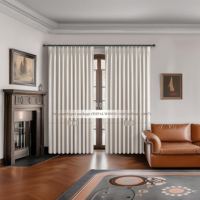 Pinch Pleated Blackout Curtains 100 Inches Extra Wide for Living Room, Thick Heavy Duty Linen Blend Tan Viral Large Window Curtain for Sliding Glass Door Thermal Natural Drapes (100"Wx96"Lx 2Panels)