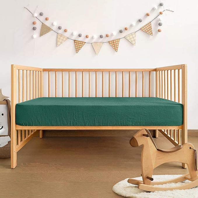 Pro Goleem Muslin Pack n Play Sheets for Boys and Girls, Soft Breathable Cotton Fitted Mini Crib Sheets, Neutral Baby Sheets for Playard Mattress, 2 Pack (Grey＆Green)