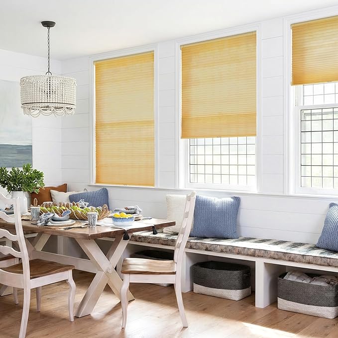 LazBlinds Cordless Cellular Shades, No Tools No Drill Light Filtering Honeycomb Shades Pleated Blinds for Windows, 43'' W x 64'' H, Yellowish-Brown