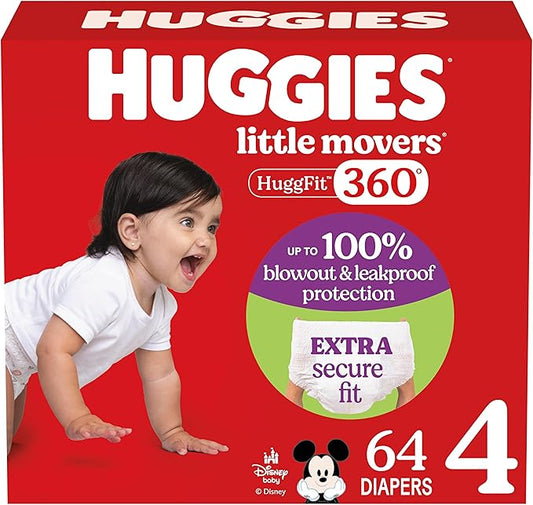 Huggies Size 4 Baby Diapers, Little Movers HuggFit 360° Baby Diapers with 360° Waistband, Size 4 (22-37 lbs), 64 Count, Packaging May Vary
