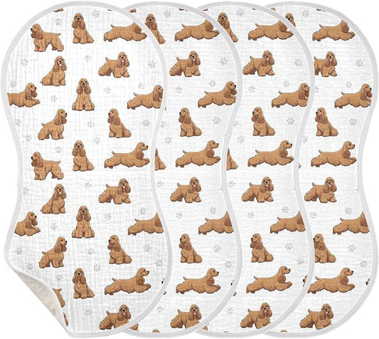 Qinllo 4 Pack Muslin Burp Cloths American Cocker Dogs White Cotton Baby Burp Cloths Ultra Absorbent and Soft Spit Up Rags for Newborn Must Haves 22x11 Inch