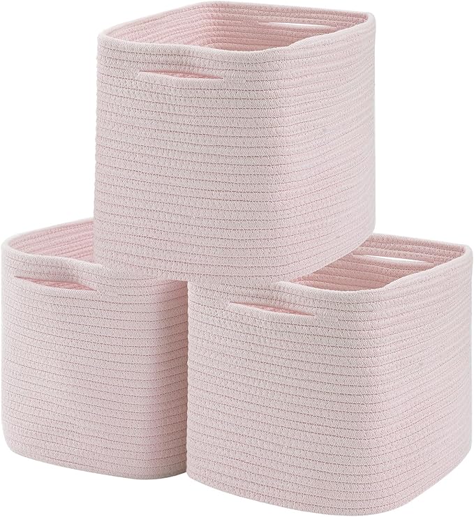 Cube Storage Bin 11" x 10.5" x 10.5" Cotton Rope Basket Square Woven Storage Basket for Shelves, Closet Organizer, Soft Towel Sock Basket, Pink, 3 Pack