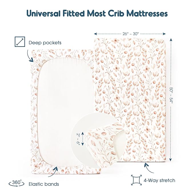 GRSSDER Stretch Ultra Soft Jersey Knit Fitted Crib Sheets Set 2 Pack，Fit All Standard Crib Mattress Pads Safe and Snug, Crib Fitted Sheet for Girls, Beautiful Blush Pink Floral and Cute Animals Print