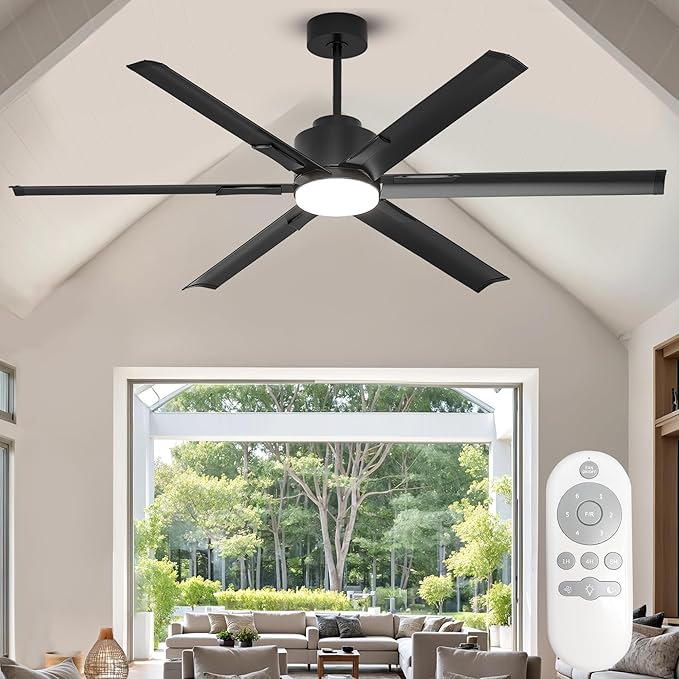 JAYNLT 72 Inch Ceiling Fan with Light,High CFM Industrial LED Fan Lights with 6 Aluminium Blades,Remote Control, Air Reversible 6 Speed 3 Colors Noiseless DC Motor for Porch,Garage