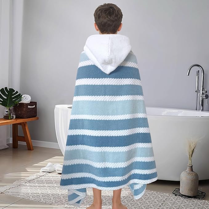 Big Kids Hooded Bath Towel(8-14 Years,64"X33") | Soft Quick Drying Absorbent 100%Cotton Thick Towel Wrap for Teens Boy/Girl | Versatile Beach, Pool, Swim & Bath Cover-Up | Blue Gray Stripe