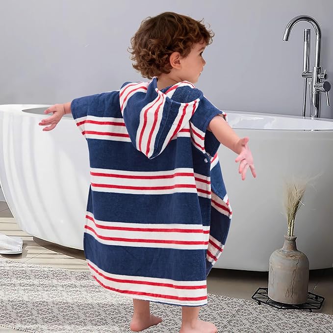 Toddler Bath Towels with Hood, Oversized (2-4Years,22"X22") Made from 100% Soft Cotton,Absorbent Hooded Poncho Towel for Baby Girl,Perfect for Pool | Swimming | Bath | Beach,Navy Red Stripe