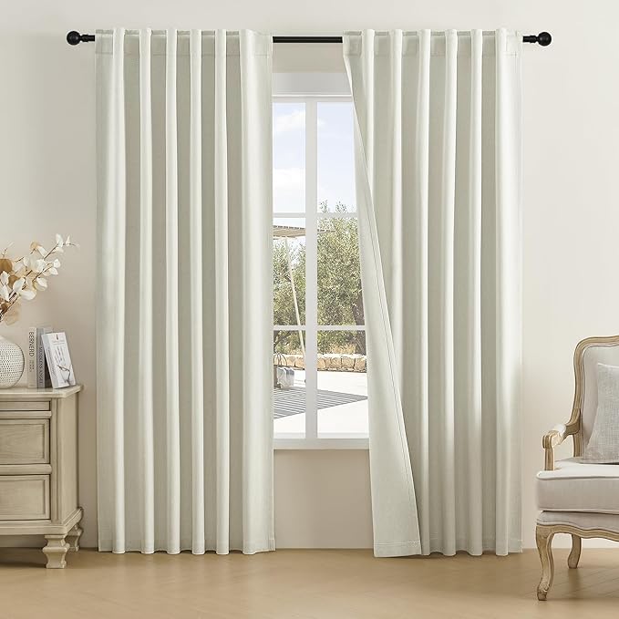 DUALIFE Natural Birch Linen Curtains 84 Inches Long for Living Room Rod Pocket Back Tab Ercu Ivory White Neutral Farmhouse Room Darkening Pleated Curtains for Bedroom (W50 x L84 2 Panels Set)