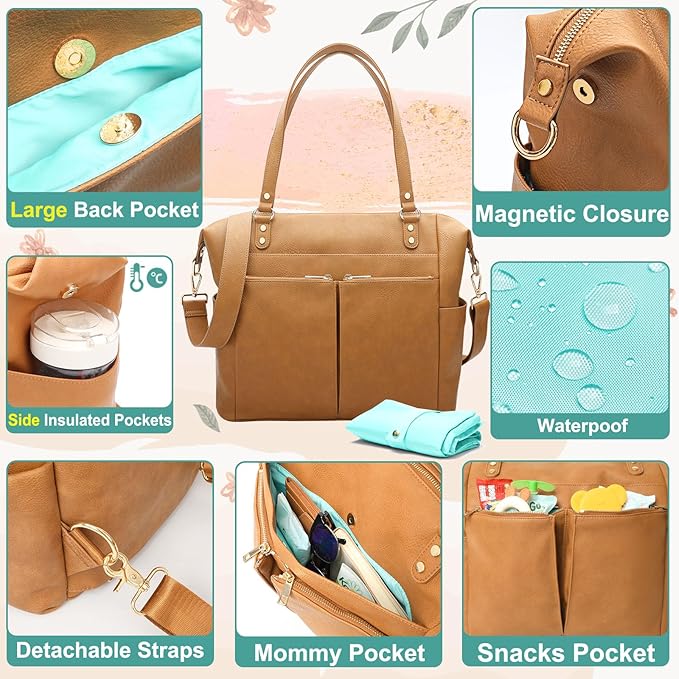 MOMINSIDE Diaper Bag Tote, Leather Diaper Bag Backpack with 14 Pockets for Mom Dad, Convertible Baby Bag for Boys Girls, Baby Registry, Changing Pad, Large 4 Insulated Pockets (Biscuit)