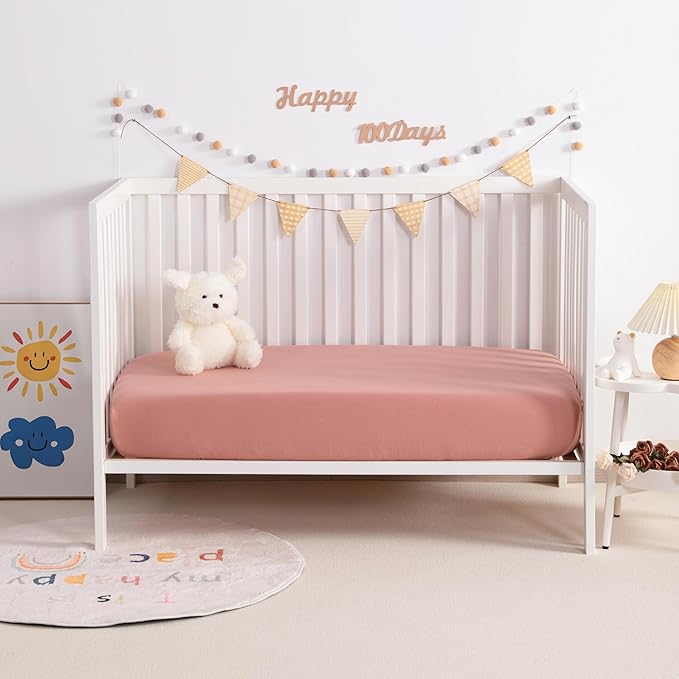NTBAY 2 Pack Muslin Cotton Mini Crib Sheets, Soft and Breathable Double Layer 24x38 Baby Crib Sheets for Mini Crib and Toddler Mattresses, Boys, Girls, Unisex, Blush Pink, 24x38 Inches