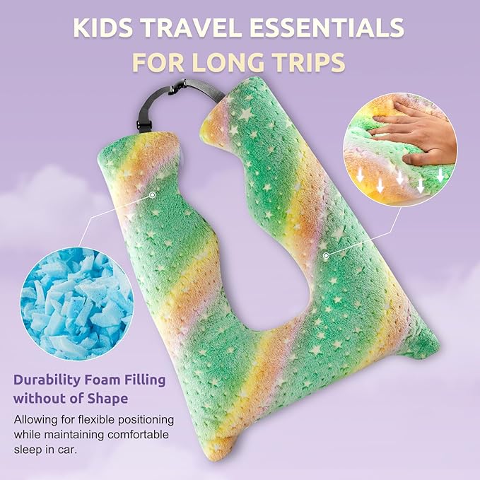 Car Pillow for Kids, Travel Pillow with Adjustable Strap, Kids Floor Pillows Cushions for Adults and Children to Support Head and Body Road Trip Essentials (Green)