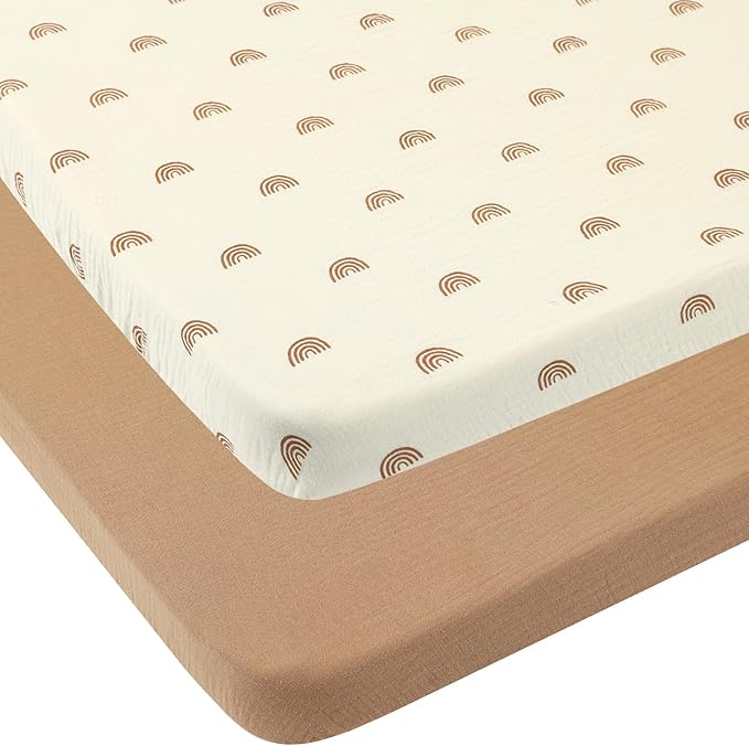 Onacosht Muslin Mini Crib Sheets, 39" x 27" Pack and Play Mattress Sheets Fitted for Pack N Play, Soft Cotton for Boys Girls, 2 Pack, Natural and Rainbow