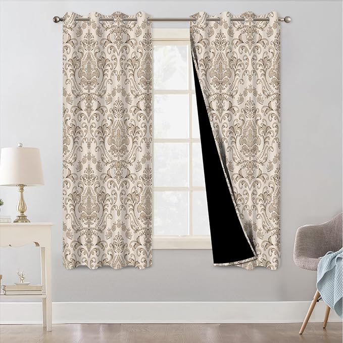 Beige Blackout Curtains for Bedroom and Living Room, Vintage Damask Patterned Black Out Curtains 63 Inch Long 2 Panels Set, Room Darkening Thermal Insulated Privacy Soundproof Window Drapes for Winter