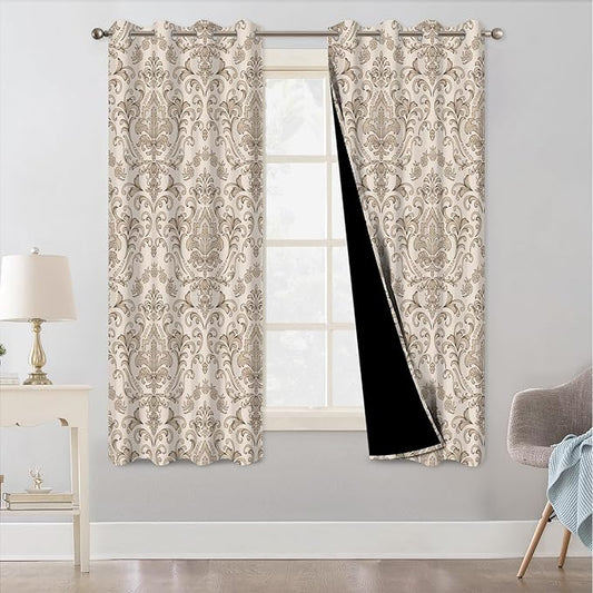 Beige Blackout Curtains for Bedroom and Living Room, Vintage Damask Patterned Black Out Curtains 63 Inch Long 2 Panels Set, Room Darkening Thermal Insulated Privacy Soundproof Window Drapes for Winter