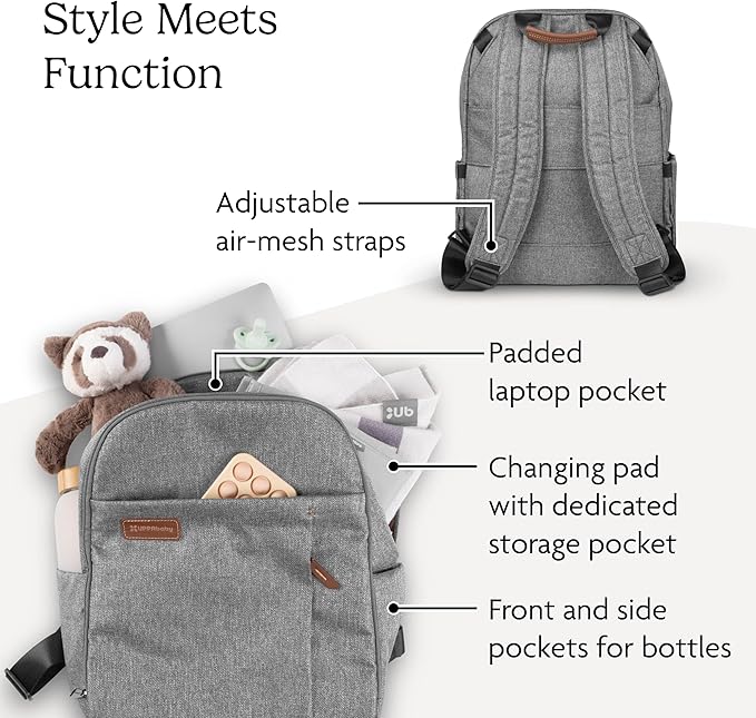UPPAbaby Changing Backpack - Multiple Storage Compartments - Side Bottle + Laptop Pockets - Trolley Sleeve - Stroller Strap Attachment - Greyson - Charcoal Mélange| Saddle Leather