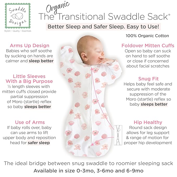 SwaddleDesigns Organic Transitional Swaddle Sack, Arms Up Swaddle with Half-Length Sleeves & Mitten Cuffs, Large, 6-9 Months, 21-24 lbs, Watercolor Peach Blush Poppies