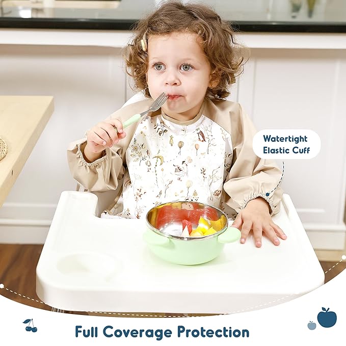 GRSSDER 2 Pack Long Sleeve Baby Feeding Bibs, Super Soft Lightweight Waterproof Coverall Baby Led Weaning Bib with Large Food Catcher Pocket, Adjustable and Easy Clean for 6-30 Months