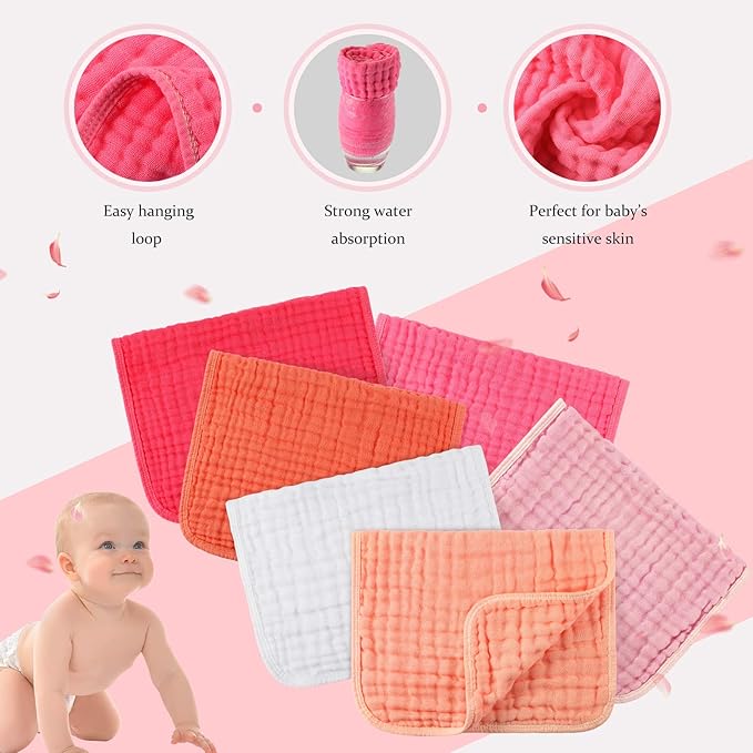 Hicarer 6 Count Muslin Burp Cloths Cotton Baby Burping Rags Large 20 x 10 Inch 6 Layers Spit up Rags Soft Absorbent Multicolor Wash Cloths Diapers for Newborn Baby Girl Boy(Pink Series)