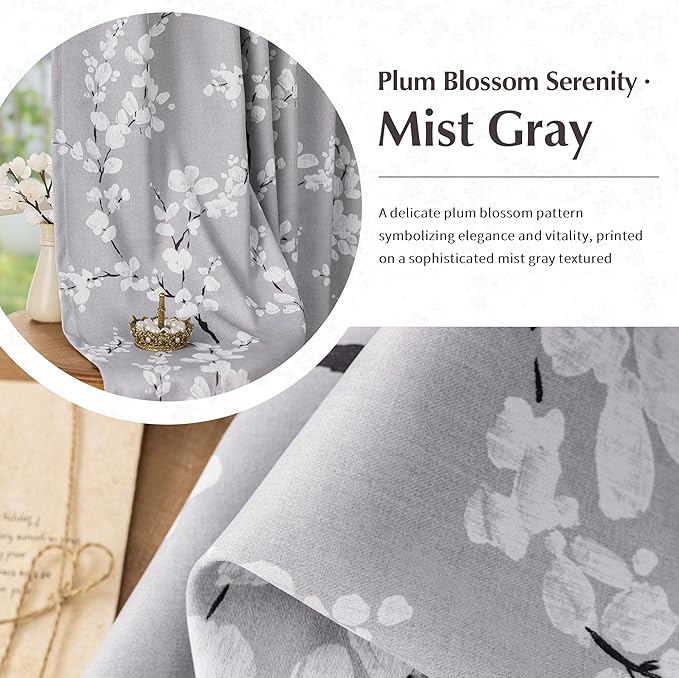 FMFUNCTEX 100% Blackout Floral Curtains for Bedroom, Grey Curtains 72 inch Length Blossom Flower Patterned for Living Room,Thermal Insulated Drapes Farmhouse, Grommet Top 2 Panels (White on Grey)