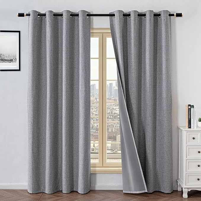 100% Blackout Curtains 96 Inch Long 2 Panels Set, Faux Linen Black Out Curtains for Bedroom Living Room, Thermal Insulated Room Darkening Drapes Grommet (W52 x L96, Light Grey)