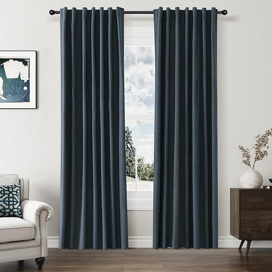 Guken 100% Blackout Linen Curtains 84 Inch Length 2 Panels Set for Living Room Bedroom Back Tab Thermal Insulated Black Out Linen Drapes Room Darkening Window Curtains,Vintage Blue