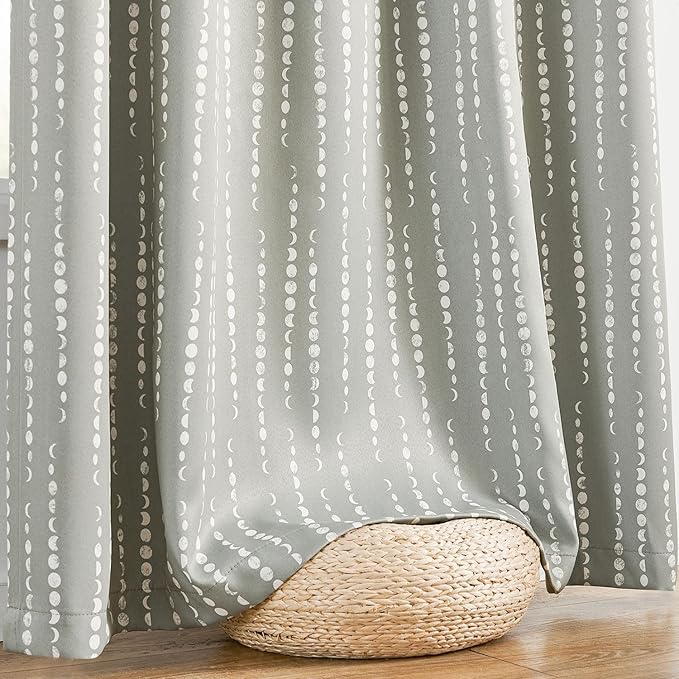 jinchan 95% Blackout Bohemian Moon Phase Print Bedroom Drapes 63 Inch Length Grey Pole Mouth Rear Label Insulated Curtains for Nursery Grey Curtain Set 2 Panels