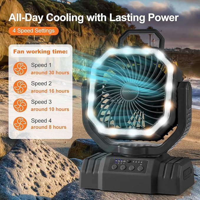 Odoland Portable Camping Fan with LED Lantern, 20000mAh Rechargeable Battery Powered Fan with Auto Oscillation, Timer, Remote, 360° Rotation Hook, 4 Speeds for Power Outage Travel Home, Black