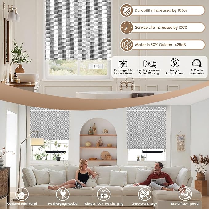 Kincmo No Drill Motorized Blinds with Remote, 100% Blackout Roller Shades for Windows, Custom Electric Blinds Compatible with Alexa, Apple Homekit, Google Home (100% Blackout Dual Sided Grey)