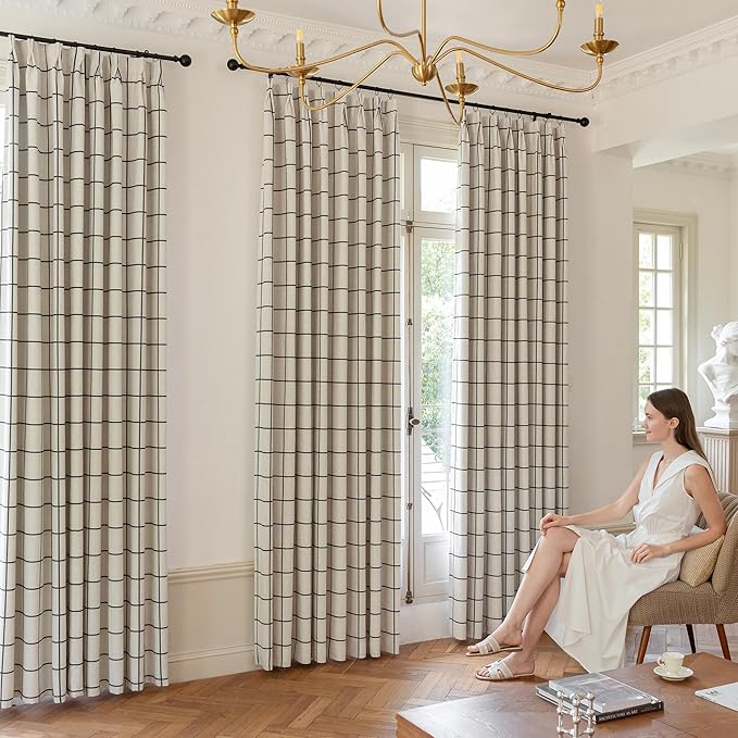 Plaid Pinch Pleated Curtains - Modern Luxury Linen Buffalo Blackout Drapes, Thermal Insulated Double Layer Window Panels for Living Room Bedroom, 90 Inches Long Black 2 Panels Set