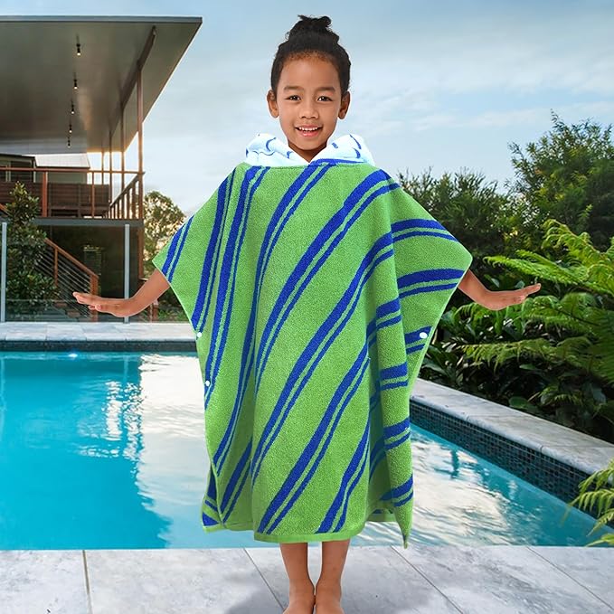 VOOVA & MOVAS Kids Hooded Poncho Towels (4-8Years,27.5"x27.5"),100% Cotton Soft Absorbent Towel for Boys,Perfect for Bathroom | Pool | Beach | Swimming, Jacquard Green Stripe