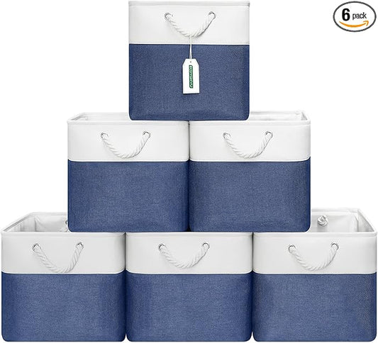 13x13 Inch Cube Storage Bins with Reinforced Bottom Cardboard, 6 Pack Large Foldable Fabric Storage Cubes with Handles for Shelf, Closet, Laundry Organization (White&Navy Blue)