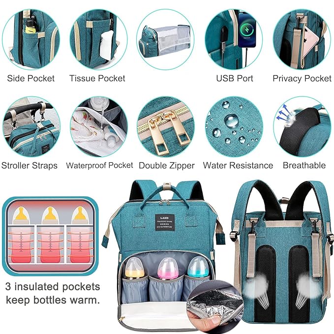 Baby Diaper Bags with Changing Station,Waterproof Diaper Bag Backpack for Moms Dads with USB Charging Port,Large Capacity Multifunctional Baby Essentials(Green)