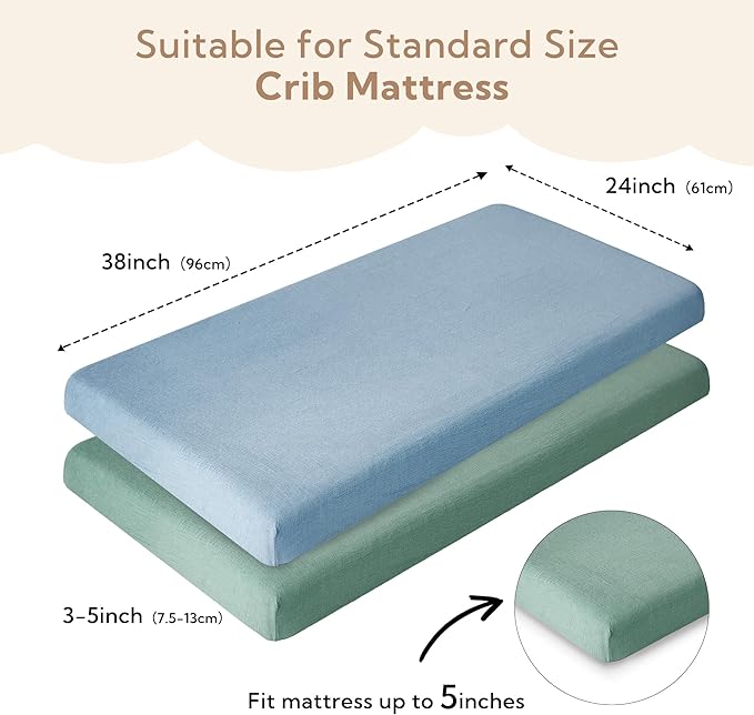 SOULFUL Mini Muslin Crib Sheets for Boys Girls, 2 Pack Soft and Breathable Cotton Fitted Crib Sheets for Standard Crib Mattress (24"x 38", Green & Blue)