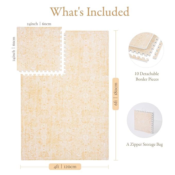 PopsyKosy Premium Baby Floor Play Mat - Thick & Cushioned 0.5 inch Playroom Foam Mat, Non-Toxic Odorless - 6 Tiles - Spacious 6x4 ft. - Stylish & Large, Waterproof for Kids & Toddlers - Light Apricot