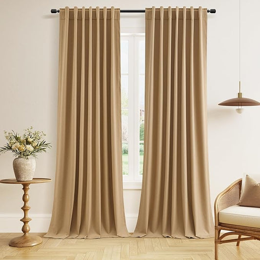 Guken 100% Blackout Linen Curtains 100 Inch Length 2 Panels Set for Living Room Bedroom Back Tab Thermal Insulated Black Out Linen Drapes Room Darkening Window Curtains,Camel Brown