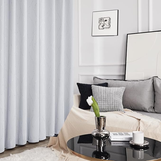 Deconovo Bedroom Curtains, Room Darkening Drapes, Thermal Insulated Soundproof Panel, Silver Wave Dot Print, 38 x 84 Inch, Machine Washable Window Panels for Living Room Home, Set of 2, Greyish White
