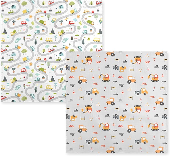 2-Pack 100% Cotton Muslin Swaddle Blankets, Large 47 x 47 Inches — Breathable Soft Receiving Blankets for Newborns, Swaddling Wraps, Baby Essentials, Registry Gift (Worksite Vehicle Set)